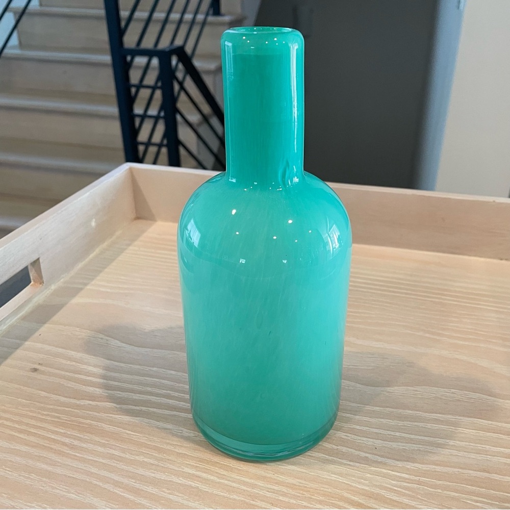 ❌SOLD❌ Anthropologie Handblown Turquoise Aqua Sea Glass Bottle Vase 9”